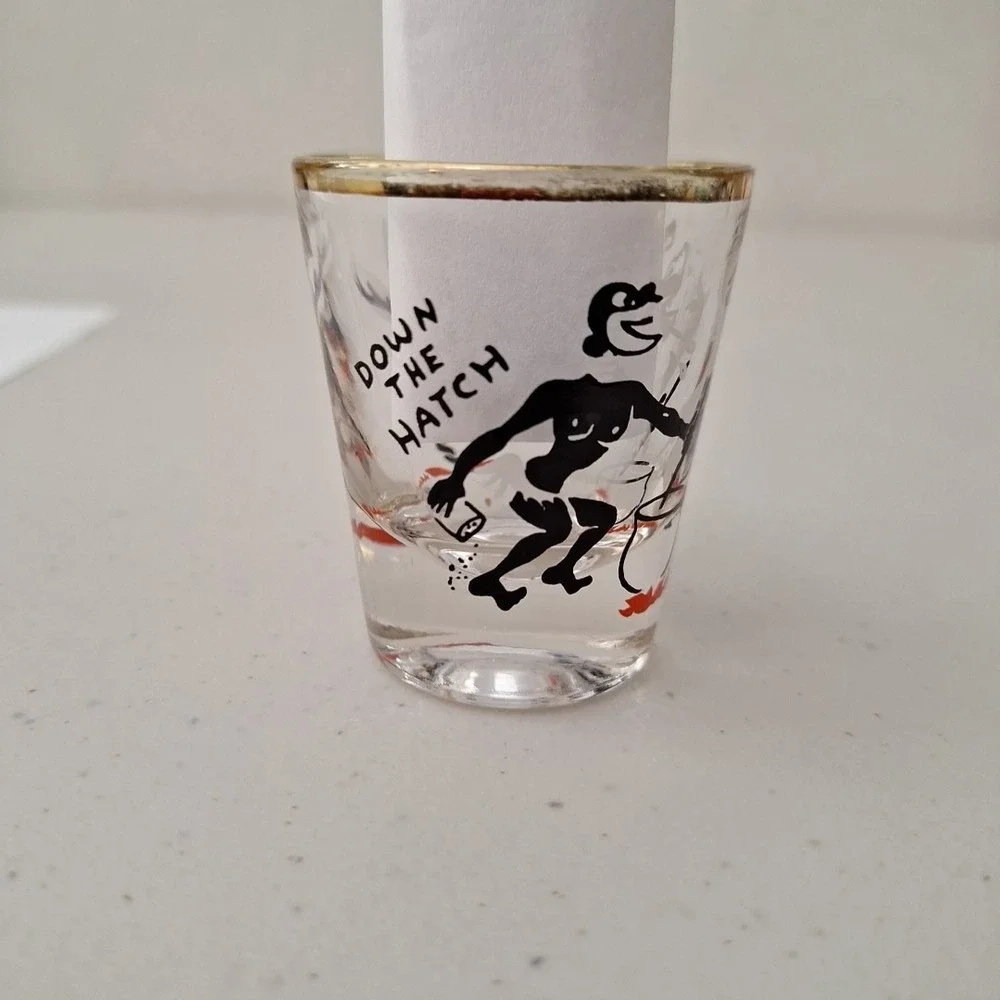 Down The Hatch~Vintage CANNIBAL THEMED Shot Glass 1950s/60s